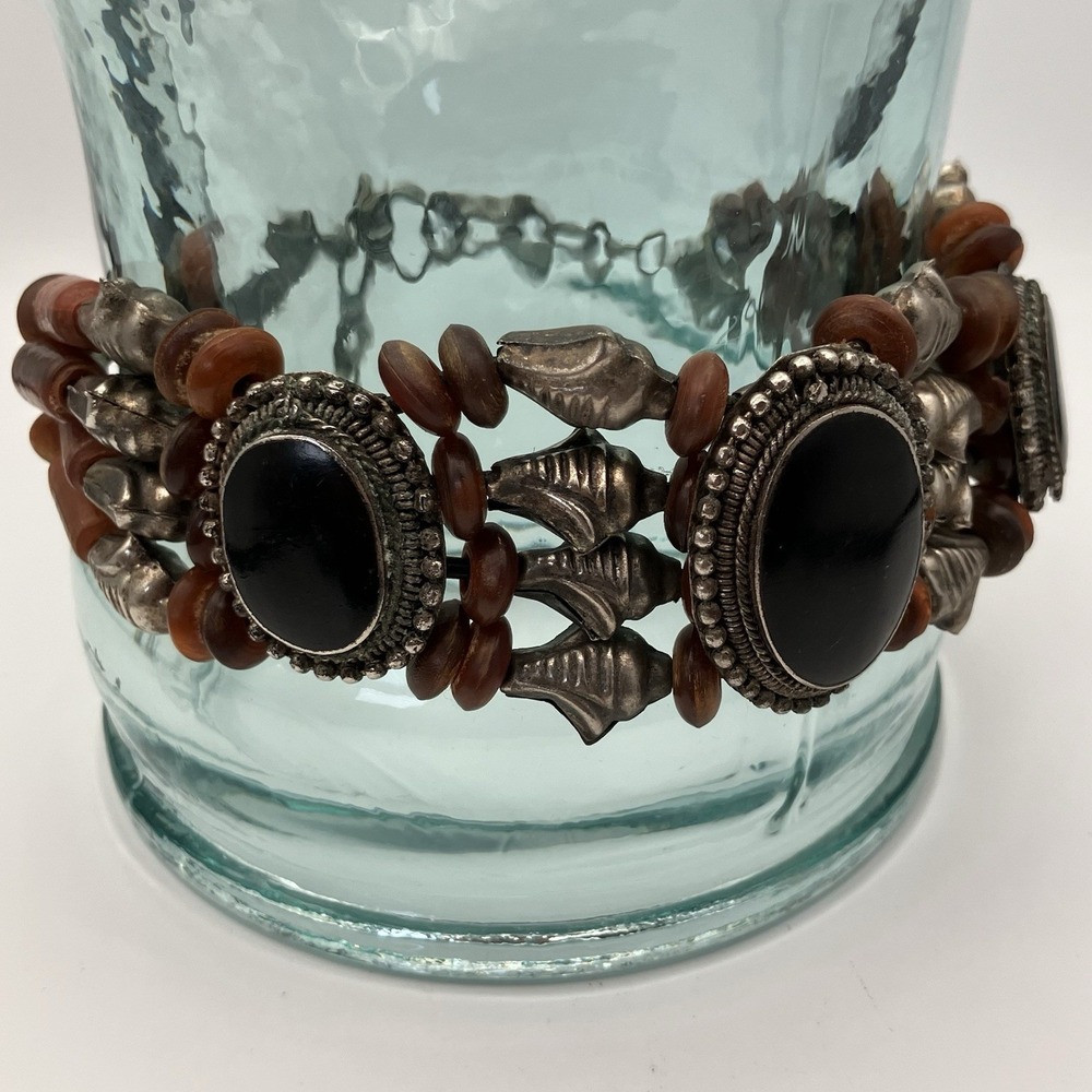 Vintage Southwestern/Bohemian Style Black Cabochon & Wood Bead Choker Necklace